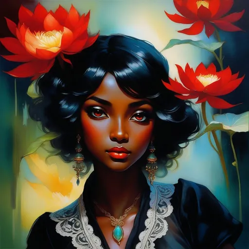 Prompt: splash art of a cute halfling female with very dark skin and pitch black hair, red eyes, in the style of an oil painting, bright  colors, dreamy, black maid outfit, lace jewelry on neck, maid outfit,  by Ilya Kuvshinov and Alphonse Mucha, white lotus flowers, Dahlia pinnata flower, pastel colors, dreamy, in a dynamic pose, soft light, in watercolor style,