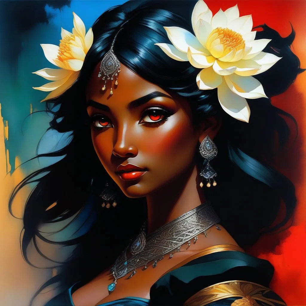 Prompt: splash art of a cute halfling female with very dark skin and pitch black hair, red eyes, in the style of an oil painting, bright  colors, dreamy, black maid outfit, lace jewelry on neck, maid outfit,  by Ilya Kuvshinov and Alphonse Mucha, white lotus flowers, Dahlia pinnata flower, pastel colors, dreamy, in a dynamic pose, soft light, in watercolor style,