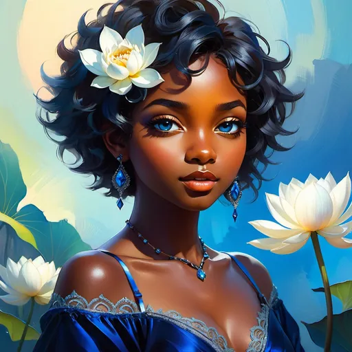 Prompt: splash art of a cute halfling female with very dark skin and short silver hair, curly coil, blue eyes, in the style of an oil painting, bright  colors, dreamy, black gown, outfit, lace jewelry on neck, fancy outfit,  by Ilya Kuvshinov and vofan,vofan art, white lotus flowers, Dahlia pinnata flower, pastel colors, dreamy, in a dynamic pose, soft light, in watercolor style,