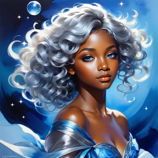 Prompt: splash art of a cute halfling woman with dark ebony skin and silver curly hair,curly hair, blue highlighs,  blue eyes, in the style of an oil painting, bright  colors, dreamy, white ball gown , gown, by Ilya Kuvshinov and Alphonse Mucha, ,  lotus flower, stars, flower, pastel colors, dreamy, in a dynamic pose, soft light, in watercolor style,