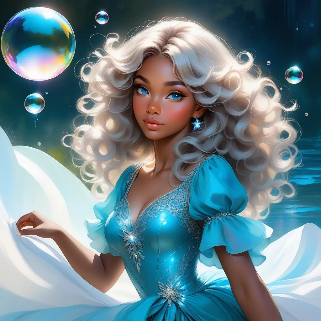 Prompt: splash art of a cute halfling woman with dark ebony skin and silver curly hair,curly hair, blue highlighs,  blue eyes, in the style of an oil painting, bright  colors, dreamy, white ball gown , gown, by Ilya Kuvshinov and Alphonse Mucha, by Ilya Kuvshinov and Alphonse Mucha,  ,  lotus flower, stars, flower,bubbles, rosy colors, dreamy, in a dynamic pose, soft light, in watercolor style,in a lake. Body of water