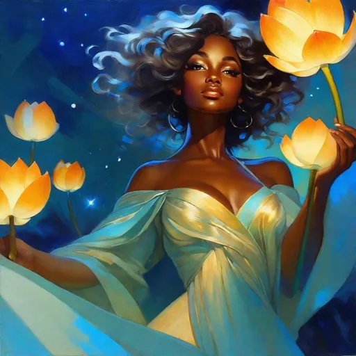 Prompt: splash art of a cute halfling woman with dark ebony skin and silver curly hair,curly hair, blue highlighs,  blue eyes, in the style of an oil painting, bright  colors, dreamy, white ball gown , gown, by Ilya Kuvshinov and Alphonse Mucha, ,  lotus flower, stars, flower, pastel colors, dreamy, in a dynamic pose, soft light, in watercolor style,