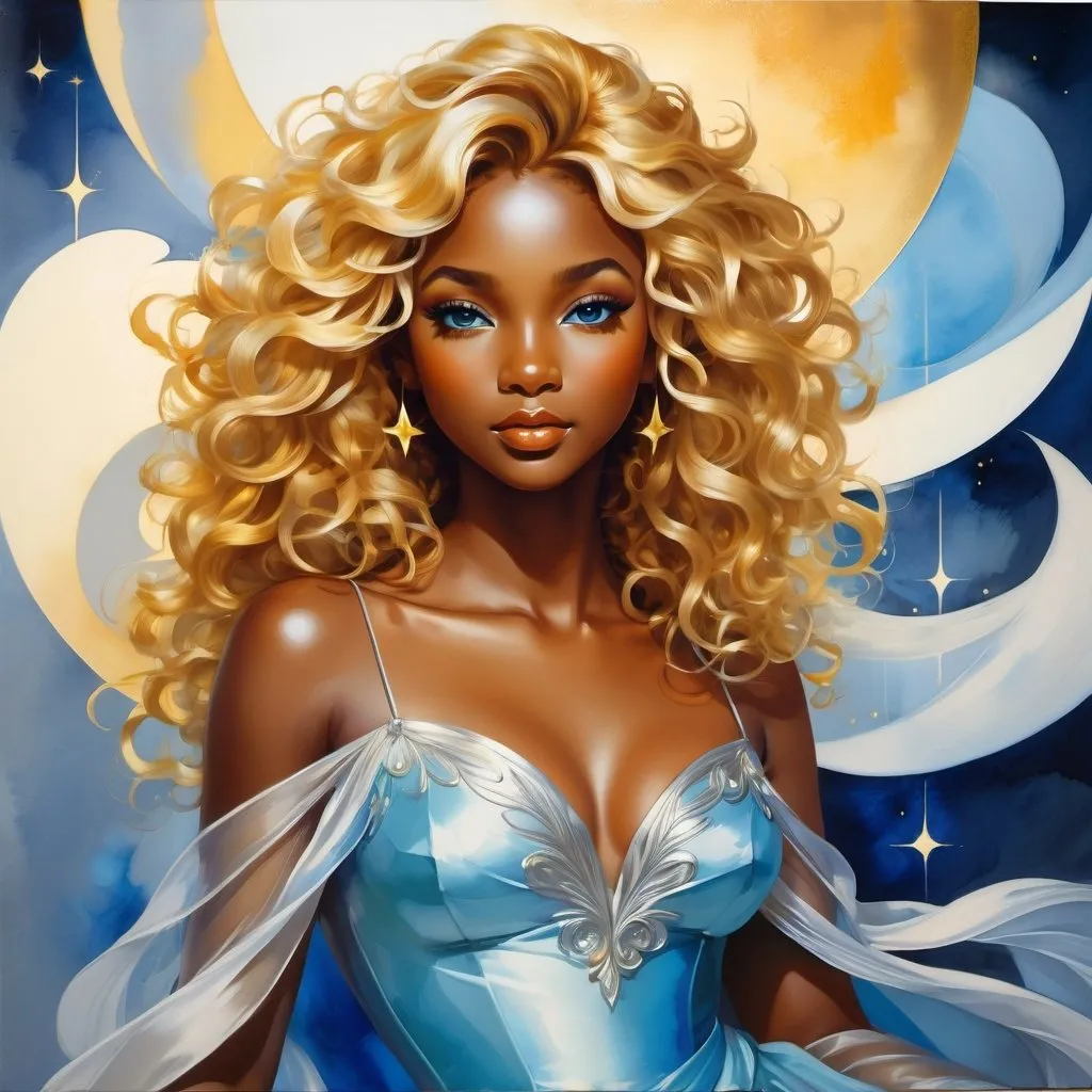 Prompt: splash art of a cute halfling woman with dark ebony skin and golden curly hair,curly hair, silver highlighs,  blue eyes, in the style of an oil painting, bright  colors, dreamy, white ball gown , gown, by Ilya Kuvshinov and Alphonse Mucha, ,  lotus flower, stars, flower, pastel colors, dreamy, in a dynamic pose, soft light, in watercolor style,