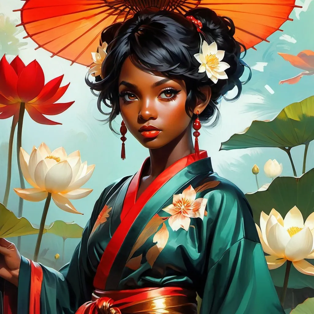 Prompt: splash art of a cute halfling female with very dark skin and pitch black hair, red eyes, in the style of an oil painting, bright  colors, dreamy, black martial art outfit, metal jewelry on neck, kimono outfit,  by Ilya Kuvshinov and Alphonse Mucha, white lotus flowers, Dahlia pinnata flower, pastel colors, dreamy, in a dynamic pose, soft light, in watercolor style,