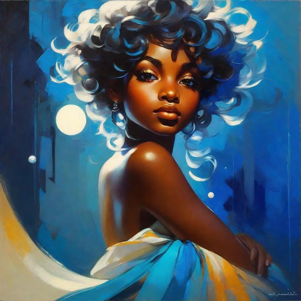 Prompt: splash art of a cute halfling woman with dark ebony skin and silver curly hair,curly hair, blue highlighs,  blue eyes, in the style of an oil painting, bright  colors, dreamy, white ball gown , gown, by Ilya Kuvshinov and Alphonse Mucha, ,  lotus flower, stars, flower, pastel colors, dreamy, in a dynamic pose, soft light, in watercolor style,