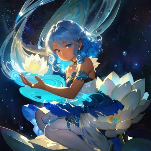 Prompt: splash art of a cute halfling woman with dark ebony skin and silver curly hair,curly hair, blue highlighs,  blue eyes, in the style of an oil painting, bright  colors, dreamy, white ball gown , gown, by Ilya Kuvshinov and Alphonse Mucha, ,  lotus flower, stars, flower, pastel colors, dreamy, in a dynamic pose, soft light, in watercolor style,