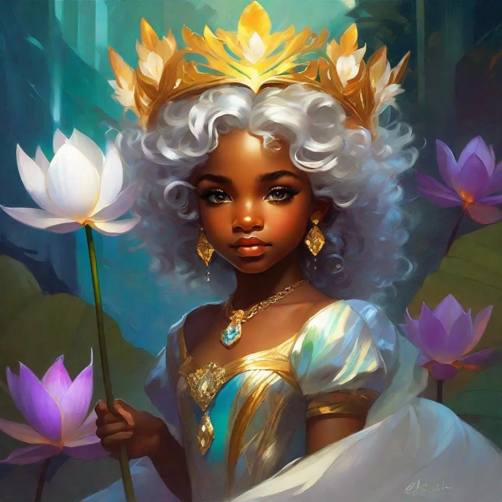 Prompt: splash art of a cute halfling female with dark skin and silver curly hair,curly hair, golden eyes, in the style of an oil painting, bright  colors, dreamy, white ball gown , black dress, diamond crown, queen attire, diamond jewelry on neck, by Ilya Kuvshinov and Alphonse Mucha, ,  lotus flower, orchid flower, pastel colors, dreamy, in a dynamic pose, soft light, in watercolor style,