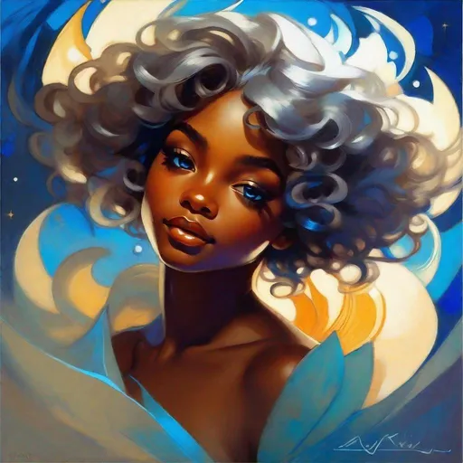 Prompt: splash art of a cute halfling woman with dark ebony skin and silver curly hair,curly hair, blue highlighs,  blue eyes, in the style of an oil painting, bright  colors, dreamy, white ball gown , gown, by Ilya Kuvshinov and Alphonse Mucha, ,  lotus flower, stars, flower, pastel colors, dreamy, in a dynamic pose, soft light, in watercolor style,