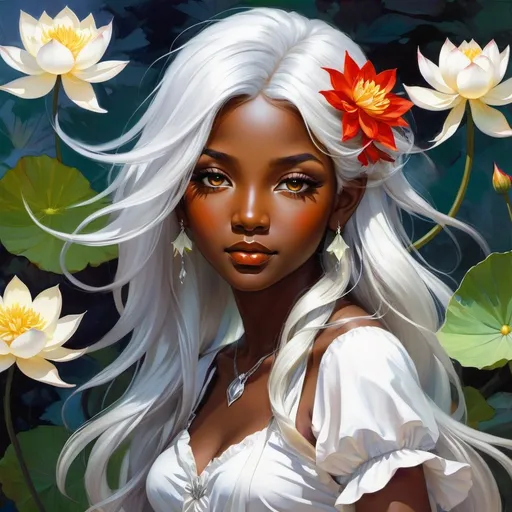 Prompt: splash art of a cute halfling female with very dark skin and long silver hair, red eyes, long white hair, in the style of an oil painting, bright  colors, dreamy, white maid outfit, flower jewelry on neck, by Ilya Kuvshinov and Alphonse Mucha, white lotus flowers, Dahlia pinnata flower, pastel colors, dreamy, in a dynamic pose, full body pose, full bodysoft light, in watercolor style,