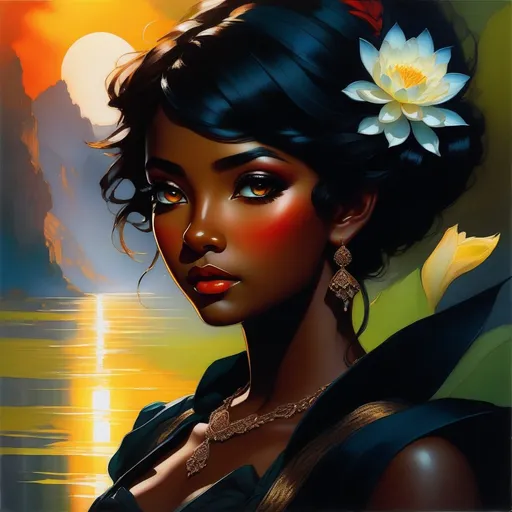 Prompt: splash art of a cute halfling female with very dark skin and pitch black hair, red eyes, in the style of an oil painting, bright  colors, dreamy, black maid outfit, lace jewelry on neck, maid outfit,  by Ilya Kuvshinov and Alphonse Mucha, white lotus flowers, Dahlia pinnata flower, pastel colors, dreamy, in a dynamic pose, soft light, in watercolor style,