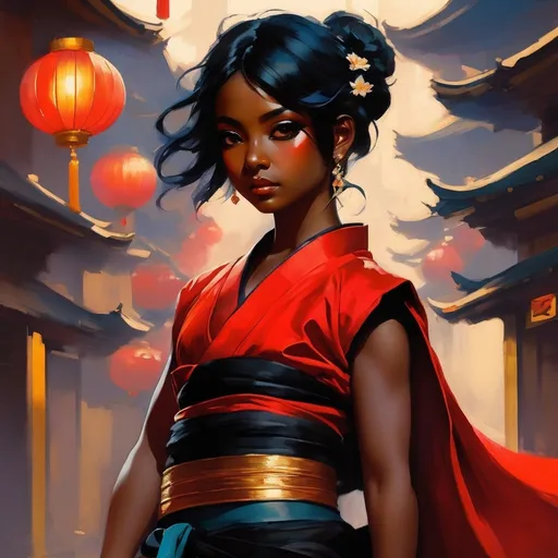 Prompt: splash art of a cute halfling female with very dark skin and pitch black hair, red eyes, in the style of an oil painting, bright  colors, dreamy, black martial art outfit, metal jewelry on neck, kimono outfit,  by Ilya Kuvshinov and Alphonse Mucha, white lotus flowers, Dahlia pinnata flower, pastel colors, dreamy, in a dynamic pose, soft light, in watercolor style,