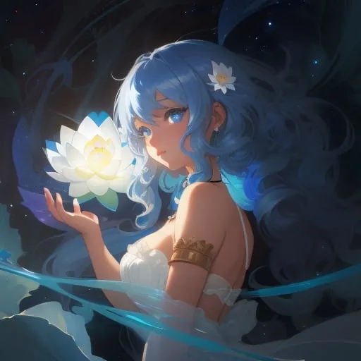 Prompt: splash art of a cute halfling woman with dark ebony skin and silver curly hair,curly hair, blue highlighs,  blue eyes, in the style of an oil painting, bright  colors, dreamy, white ball gown , gown, by Ilya Kuvshinov and Alphonse Mucha, ,  lotus flower, stars, flower, pastel colors, dreamy, in a dynamic pose, soft light, in watercolor style,