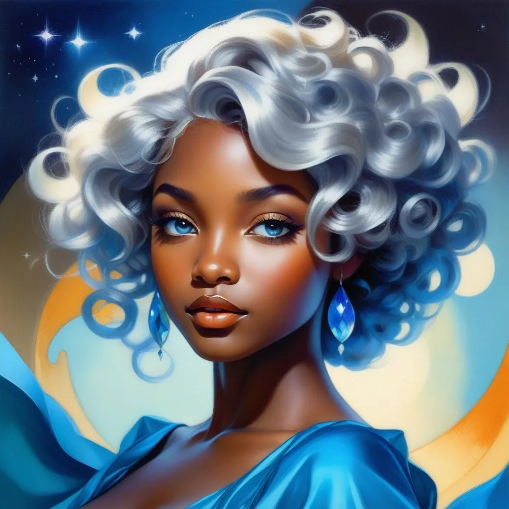 Prompt: splash art of a cute halfling woman with dark ebony skin and silver curly hair,curly hair, blue highlighs,  blue eyes, in the style of an oil painting, bright  colors, dreamy, white ball gown , gown, by Ilya Kuvshinov and Alphonse Mucha, ,  lotus flower, stars, flower, pastel colors, dreamy, in a dynamic pose, soft light, in watercolor style,