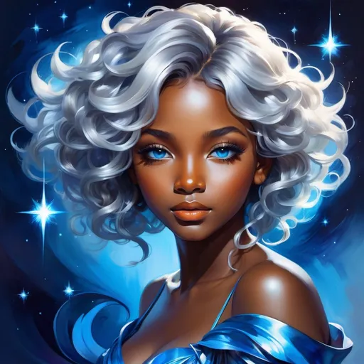 Prompt: splash art of a cute halfling woman with dark ebony skin and silver curly hair,curly hair, blue highlighs,  blue eyes, in the style of an oil painting, bright  colors, dreamy, white ball gown , gown, by Ilya Kuvshinov and Alphonse Mucha, ,  lotus flower, stars, flower, pastel colors, dreamy, in a dynamic pose, soft light, in watercolor style,