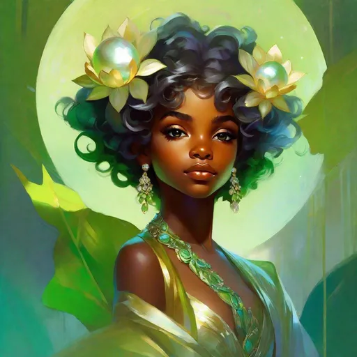Prompt: splash art of a cute halfling female with dark skin and silver curly hair,curly hair, golden eyes, in the style of an oil painting, bright  colors, dreamy, white ball gown , green dress, diamond crown, queen attire, diamond jewelry on neck, by Ilya Kuvshinov and Alphonse Mucha, ,  lotus flower, orchid flower, pastel colors, dreamy, in a dynamic pose, soft light, in watercolor style.