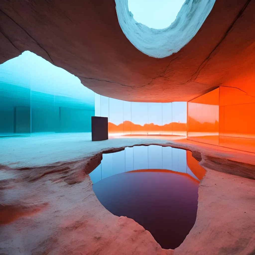 Prompt: Contemporary minimal architecture, with straight cave like walls with mirrors, with mysterious lighting, water with blue fog, orange light effects from above with dark silhouettes of people 