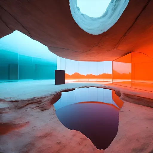 Prompt: Contemporary minimal architecture, with straight cave like walls with mirrors, with mysterious lighting, water with blue fog, orange light effects from above with dark silhouettes of people 