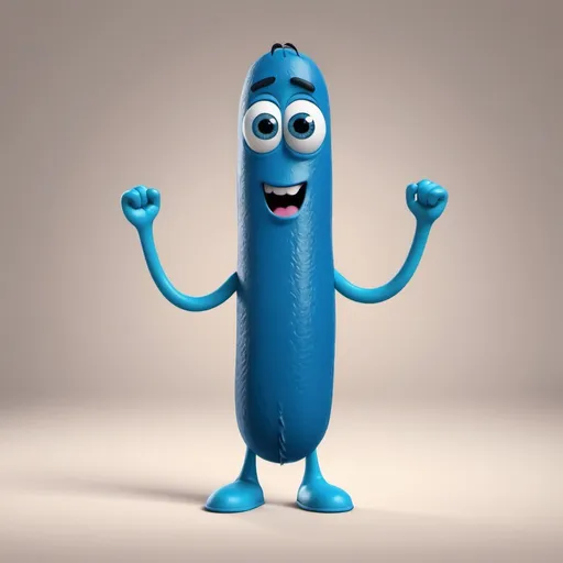 Prompt: Create an image of a blue sausage with eyes, nose, mouth, arms and legs, in Pixar animation style