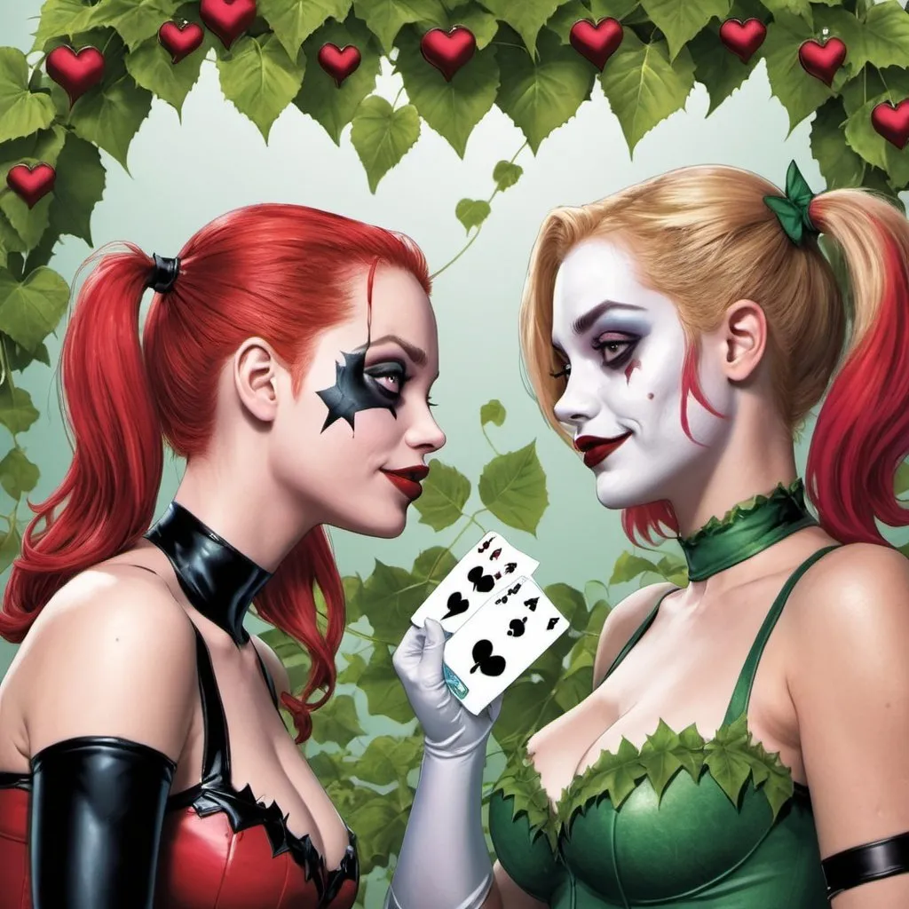 Prompt: Pois9n Ivy and Harley Quinn are looking into each others eyes. Poison Ivy is on the left facing Harley Quinn on the right wrapping vines under Harley Quinn. Harley Quinn is on the right facing Poison Ivy on the left and has white ribbon with cards flowing under Poison Ivy.