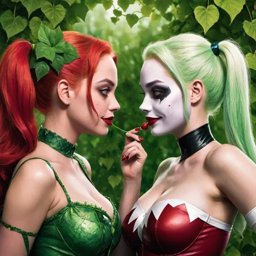 Prompt: Poison Ivy and Harley Quinn are looking each other in the eyes lovingly. Poison Ivy is on the left facing Harley Quinn on the right wrapping vines under Harley Quinn. Harley Quinn is on the right facing Poison Ivy on the left and has white ribbon with cards flowing under Poison Ivy