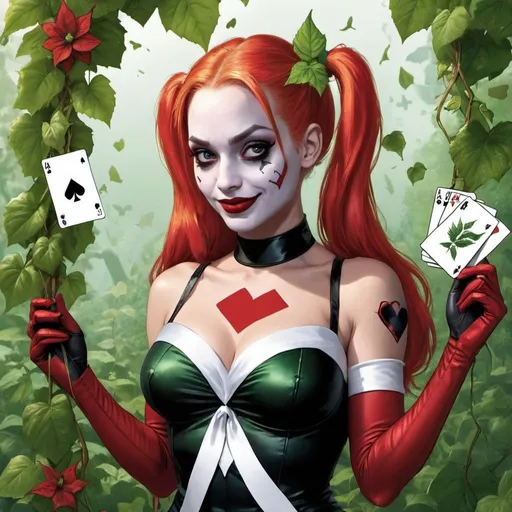 Prompt: Poison Ivy wrapping vines under Harley Quinn. Harley Quinn has white ribbon with cards flowing under Poison Ivy