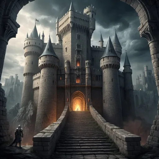 Prompt: Medieval fantasy illustration of a towering castle, epic fantasy setting, brave knight ascending a treacherous staircase, mystical creatures guarding each level, ominous and mysterious atmosphere, intricate stone architecture, detailed armor and weaponry, dragon guarding the final floor, high quality, detailed, medieval fantasy, epic, ominous atmosphere, detailed armor, mystical creatures, towering castle, brave knight, dragon, atmospheric lighting