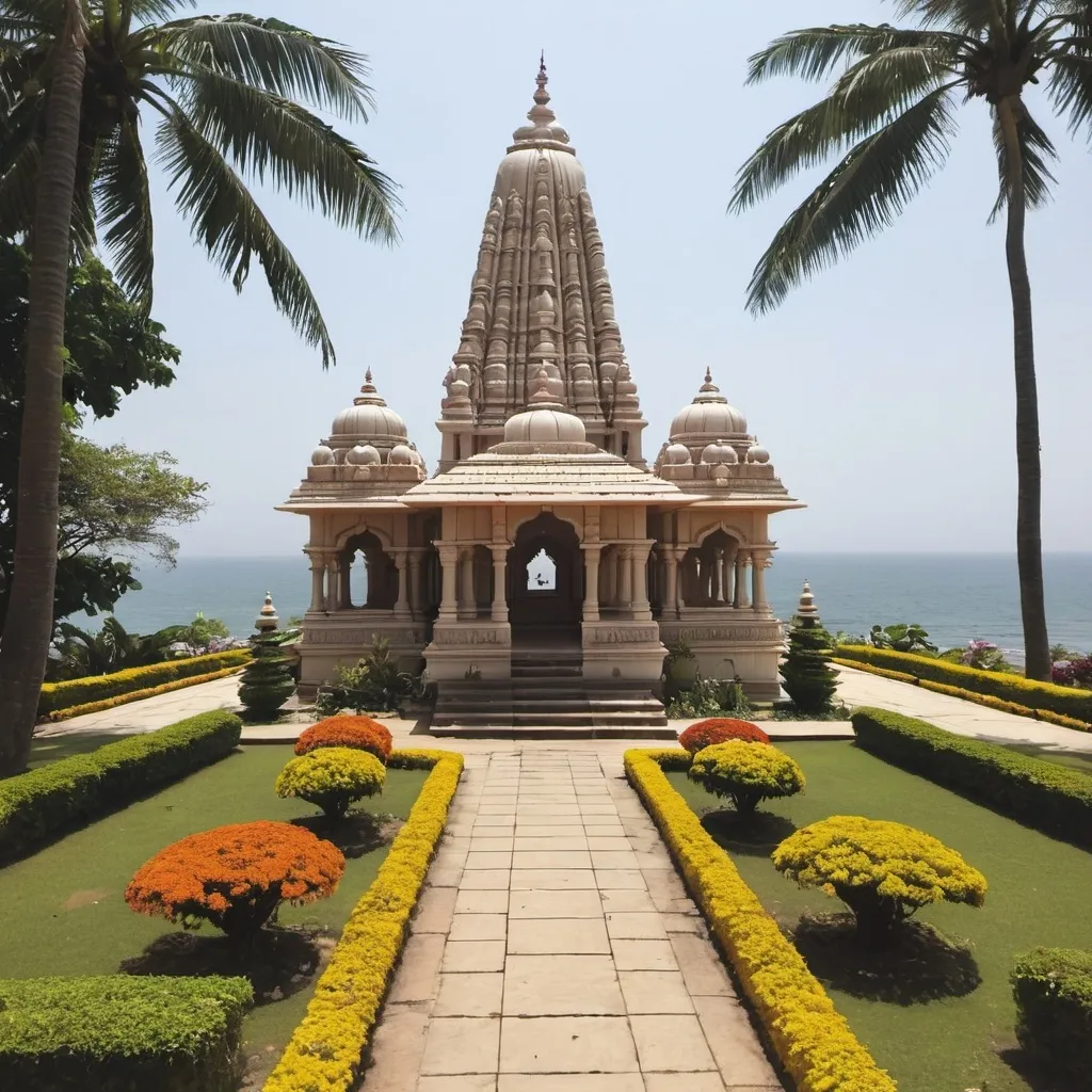 Prompt: Jain temple with a garden n ocean in front of it