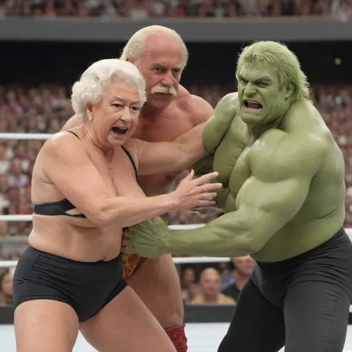 Prompt: Queen elizabeth 2 wrestling against hulk hogan in a stadium
