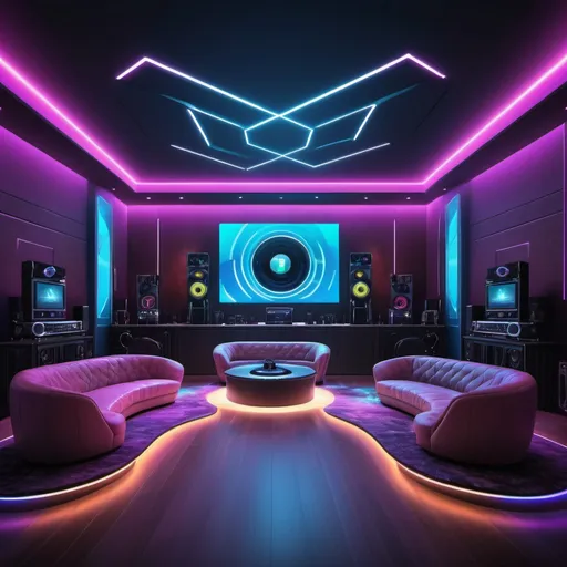 Prompt: Energetic house music lounge with vibrant lighting, DJ at the center, sleek modern design, dynamic color scheme, pulsating sound system, high-energy atmosphere, professional 3D rendering, ultra-detailed, modern, sleek design, vibrant lighting, dynamic colors, energetic atmosphere, DJ at the center, high-tech sound system