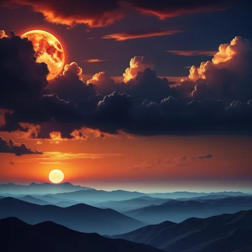 Prompt: (sunset) The sun and moon appearing simultaneously in a breathtaking twilight sky, rich hues of orange and deep indigo blending seamlessly, dramatic cloud formations illuminated by soft, warm light. Silhouettes of distant mountains create a serene background, casting gentle shadows. The atmosphere is magical and tranquil, capturing the harmonious coexistence of day and night. (4K, ultra-detailed)