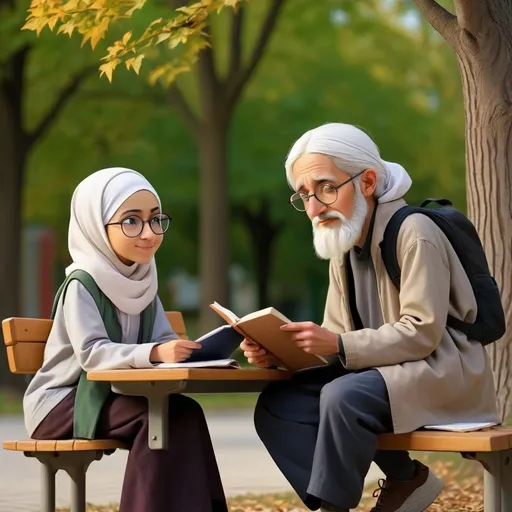 Prompt: Characters
A mathematician and his student

The mathematician (scientist): An elderly character with white hair, round glasses, and a hijab. She is always eager to explain mathematics and carries a small blackboard with her

The student (teenager): A curious and intelligent teenage girl with a hijab, with black hair and a backpack full of books and supplies

The scene (location): A cozy park with wooden benches and tall trees.
The mathematician and the student are sitting on
one of the benches.

The beginning of the story:

(Park, beautiful spring day)Student: Mathematician, can I learn something new today? Something very interesting

Mathematician: Of course, I want to talk to you today about one of the most beautiful and important mathematical theorems: the Pythagorean theorem

Student: Pythagoras? His name is a bit scary and strange

Mathematician: (laughing) Don't be afraid, the Pythagorean theorem is very simple and at the same time very powerful. Let me explain it to you

The mathematician opens his bla