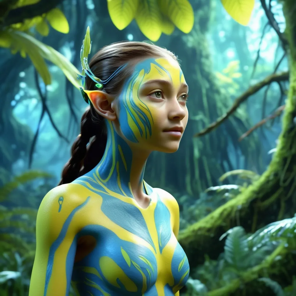 Prompt: 14 Jahre alt na'vi Mädchen spaziert durch einen Lichtung auf Pandora.