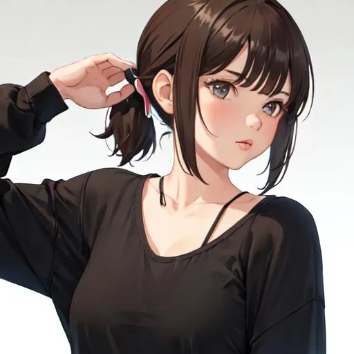 Prompt: girl with short brown bob tied in a low ponytail