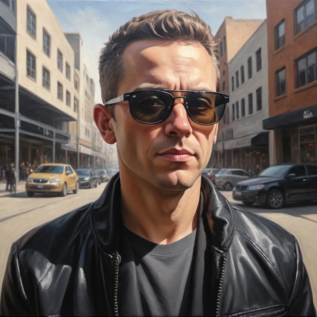 Prompt: white man in a black jacket with shades on, realistic oil painting, urban setting, confident stance, detailed facial features, high quality, realistic, urban, detailed facial features, professional lighting