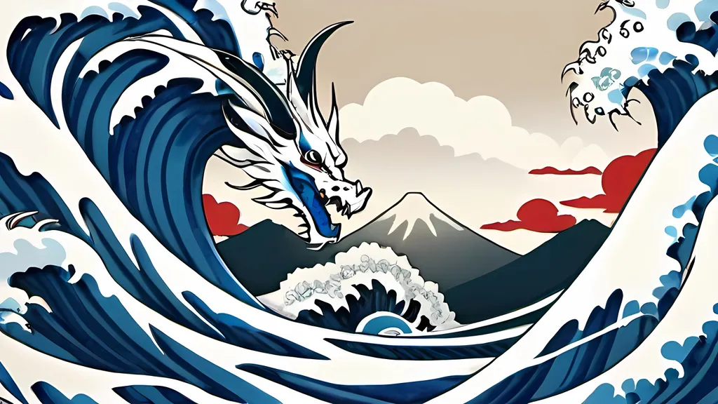 Prompt: a kuraokami white dragon with kanagawa wave and blue sky like japan art