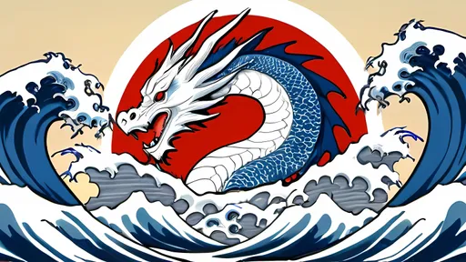 Prompt: a kuraokami white dragon with kanagawa wave and blue sky like japan art