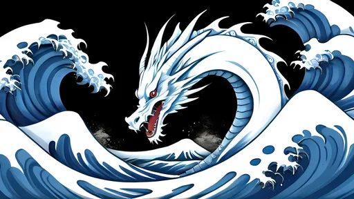 Prompt: a kuraokami white dragon with kanagawa wave and blue sky like japan art