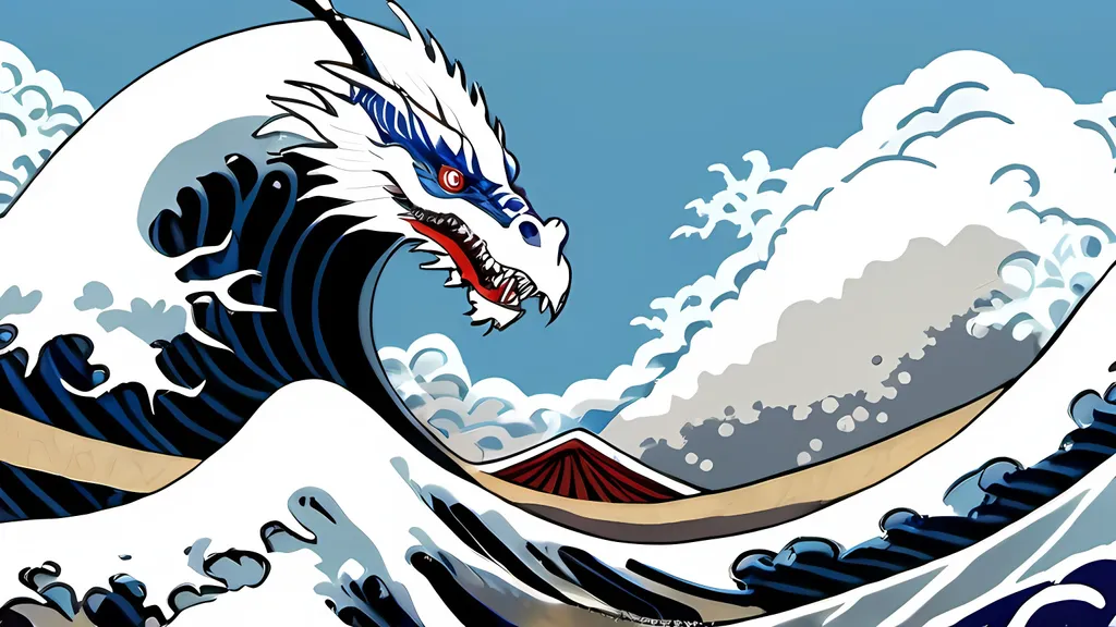 Prompt: a kuraokami white dragon with kanagawa wave and blue sky like japan art
