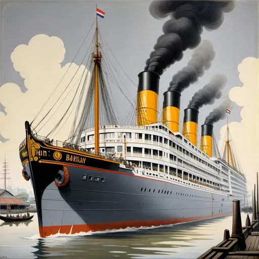 Prompt: A detailed painting of a Thai ocean liner from the 1920s named 'S.S. Wanthong,' with a gray hull and 4 yellow smokestacks with black bands. The ship features multiple Western-style lifeboats on its decks, two tall masts, and Thai passengers standing on the deck. The ship is docked at the Bangkok port, with Wat Arun visible across the Chao Phraya River. The painting is created in a vintage 1920s art style, capturing the historical and cultural essence of the era.