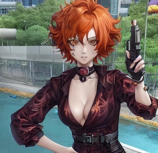 Prompt: Anime cyberpunk style, lady with short curly orange hair.  At the park.  highly detailed, HD, . Holding a pistol.  At a pool. Small cleavage