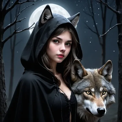 Prompt: Wolf Girl with a black cloak on in the night