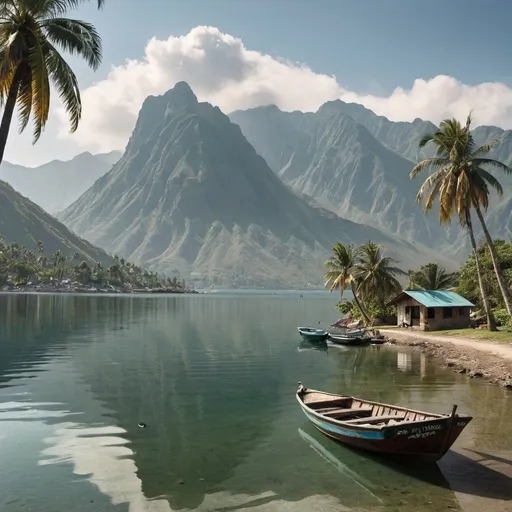 Prompt: A lakeside view with mountains, palm tress and a fishing boat
