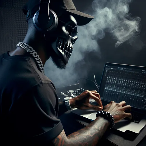 Prompt: Modern claymation, Behind over the shoulder view. African American man sitting in a music studio, wearing black shirt, diamond Cuban making beats on laptop.  Wearing black skull mask. Tattoos in left arm Wearing a black dad hat.with short braids under. Smoke effect. Dark lighting