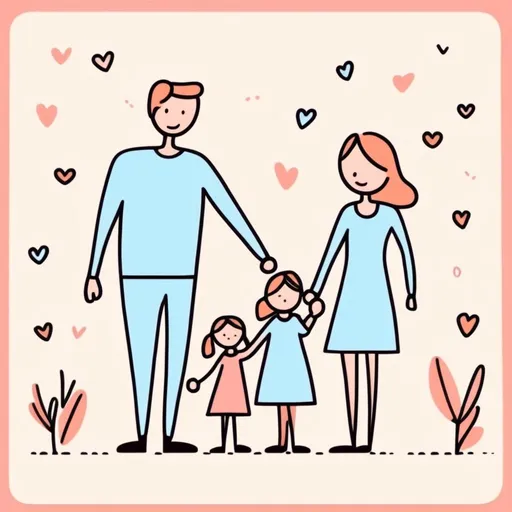 Prompt: family holding hands, 2 young girls, dad and mum, whimsical, thin line art, flat color illustration, high quality