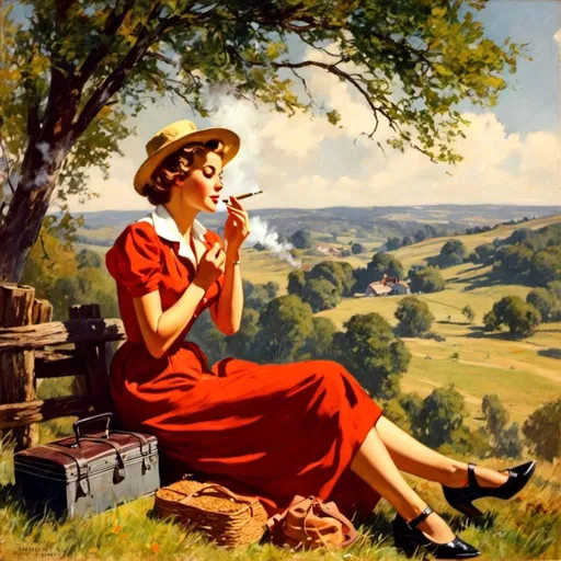 Prompt: <mymodel>beautiful woman smoking in countryside.