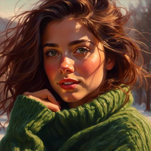 Prompt:  <mymodel> Girl dancing outside, brunette, green eyes, realistic, cozy sweater, winter, natural lighting, high quality, detailed eyes, warm tones, realistic lighting