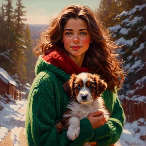 Prompt:  <mymodel> Girl walking her new puppy, brunette, green eyes, realistic, cozy sweater, winter, natural lighting, high quality, detailed eyes, warm tones, realistic lighting
