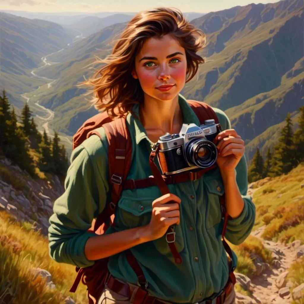 Prompt:  <mymodel> Girl with camera, brunette, green eyes, hiking clothes, hiking trail in mountains, realistic, natural lighting, high quality, detailed eyes, warm tones, realistic lighting
