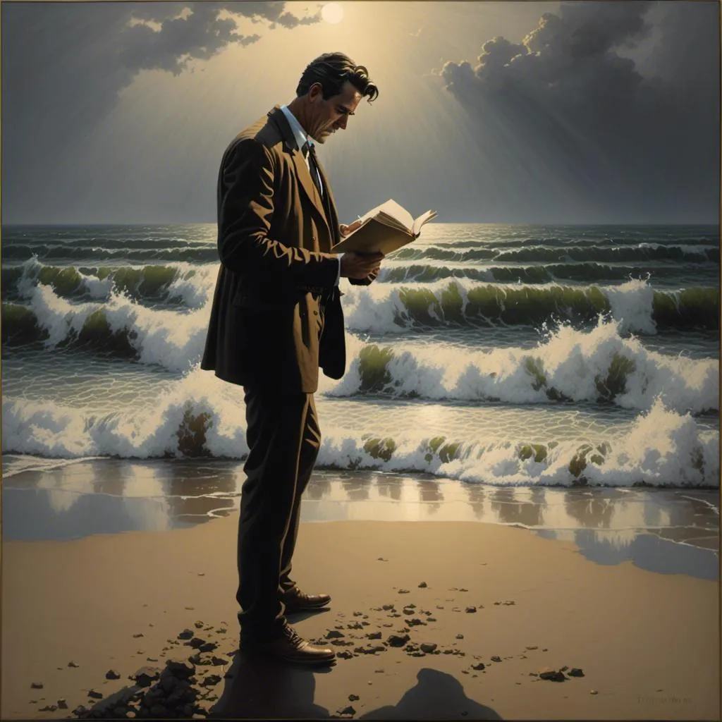 Prompt: <mymodel> Man writes into journal and because of his writing a road emerges from middle of ocean water, road leads into mist, mist is heavy, man is alone on beach, man has 3 arms, 2 arms hold his journal, 1 hand writes, dark hair, suit, realistic, natural lighting, high quality, detailed eyes, warm tones, realistic lighting, empty beach, fog, midnight, 