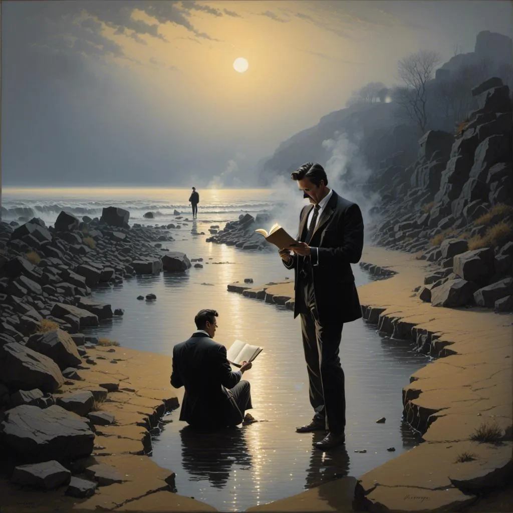 Prompt: <mymodel> Man writes into journal and stone pathway emerges from water, path leads into mist, mist is heavy, 3 armed man, 2 arms hold his journal, 1 hand writes, dark hair, suit, realistic, natural lighting, high quality, detailed eyes, warm tones, realistic lighting, empty beach, fog, midnight, 